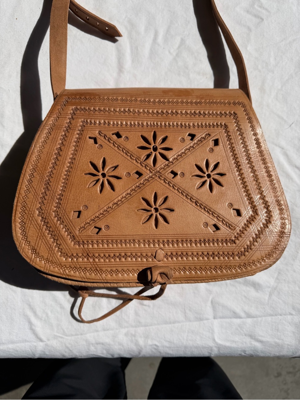 Tan Leather Floral Cutout Crossbody Bag